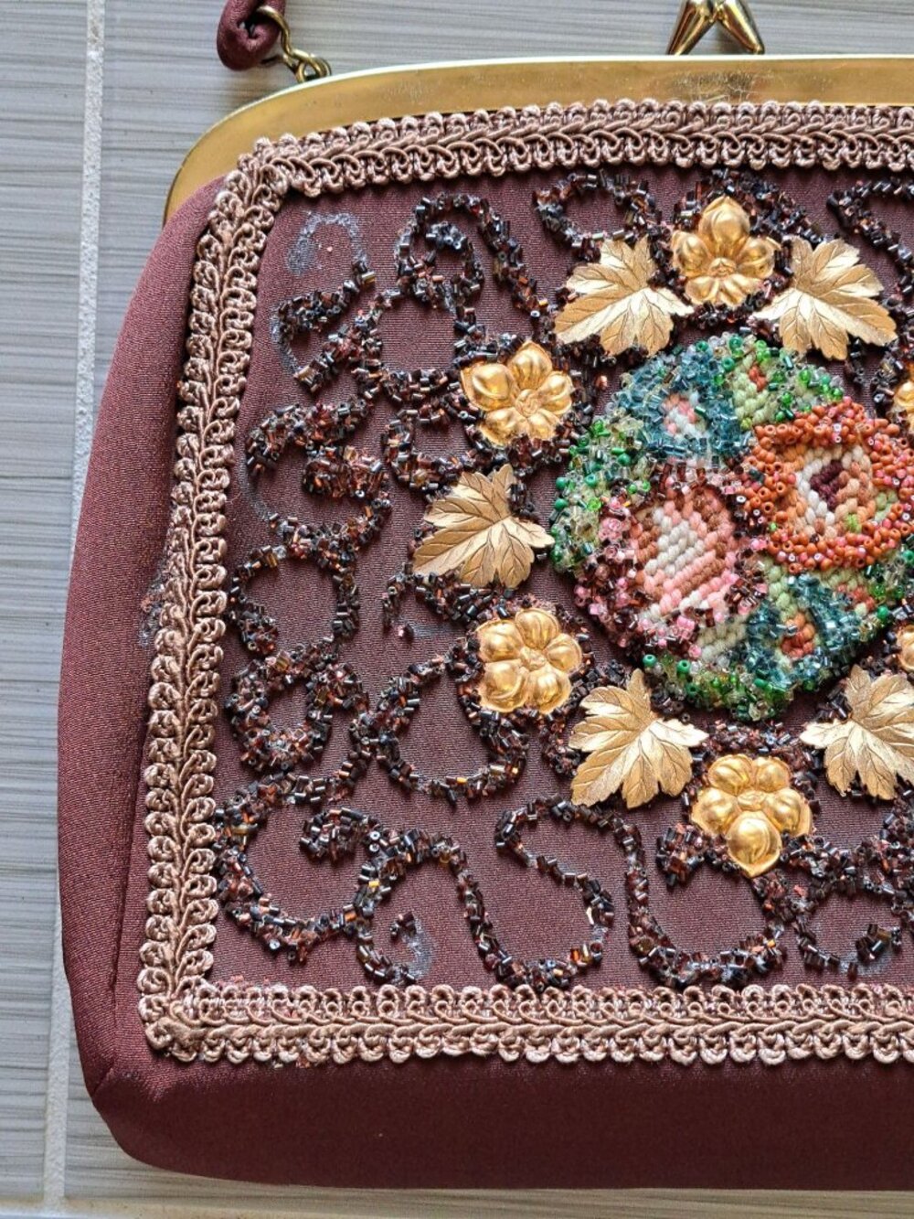 Vintage 50's Beaded Embroidered Handbag Purse Multicolor Floral Top Handle - Picture 4 of 12